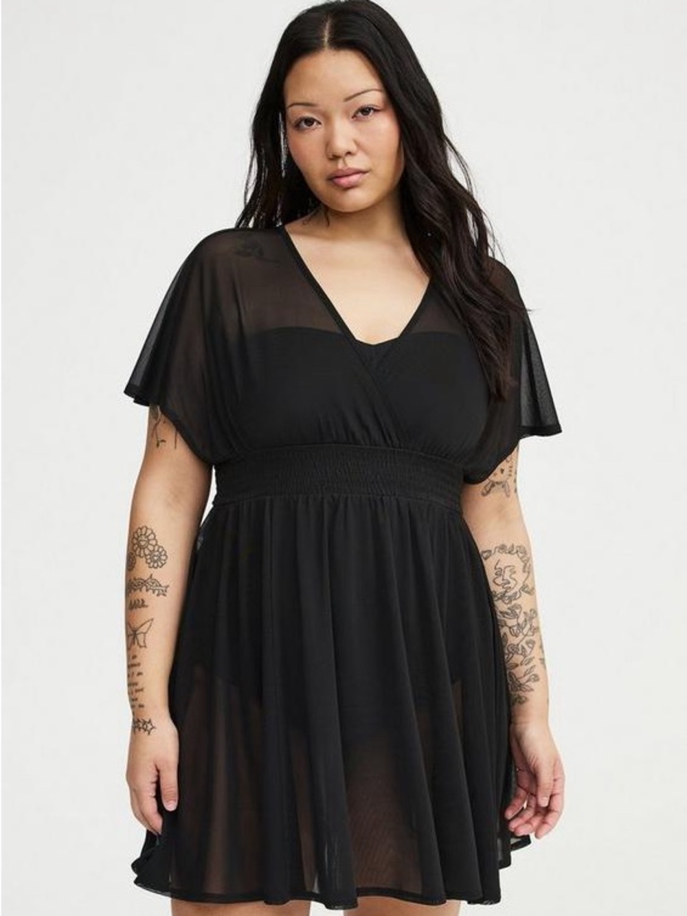 Torrid Chiffon Smocked Waist Mesh Swim Cover-Up Dress in Black - Size 3